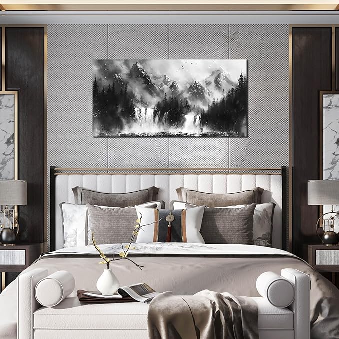 Mountain Wall Art For Office - Black And White Pictures Wall Art For Living Room - Forest Wall Decor For Bedroom Size 20" x 40"