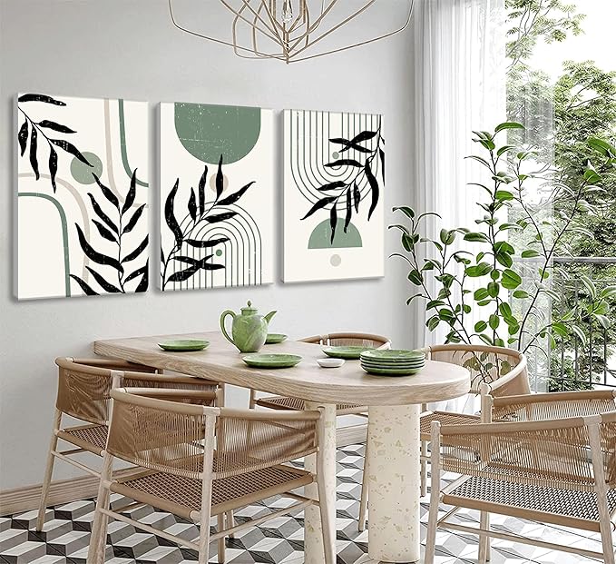 3PCS Boho Sage Green Canvas Wall Art,Minimalist Wall Decor,Geometric Abstract Line Botanical Green Prints,Mid Century Wall Painting,Green Black Beige Poster Hallway Pictures Wall Art framed