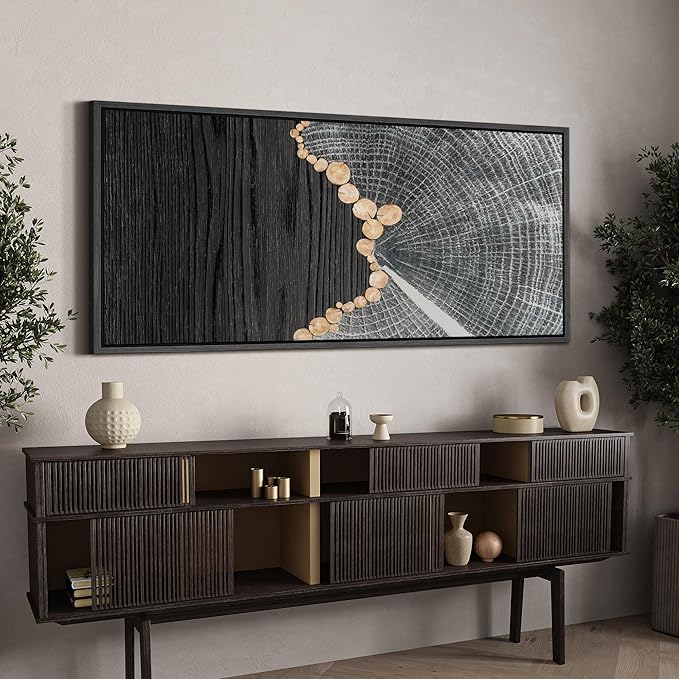 SIGNFORD Extra Large Framed Canvas Black Wood and Tree Ring Abstract Illustrations Modern Art Calm for Living Room, Bedroom, Office - 60"x30"