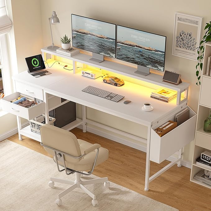 55" Gaming Desk with LED Strip, Computer Desk with Drawers & Storage Bag, Office Desks with Power Outlets & Monitor Stand, Office Desk for Bedroom, Gaming Room, White