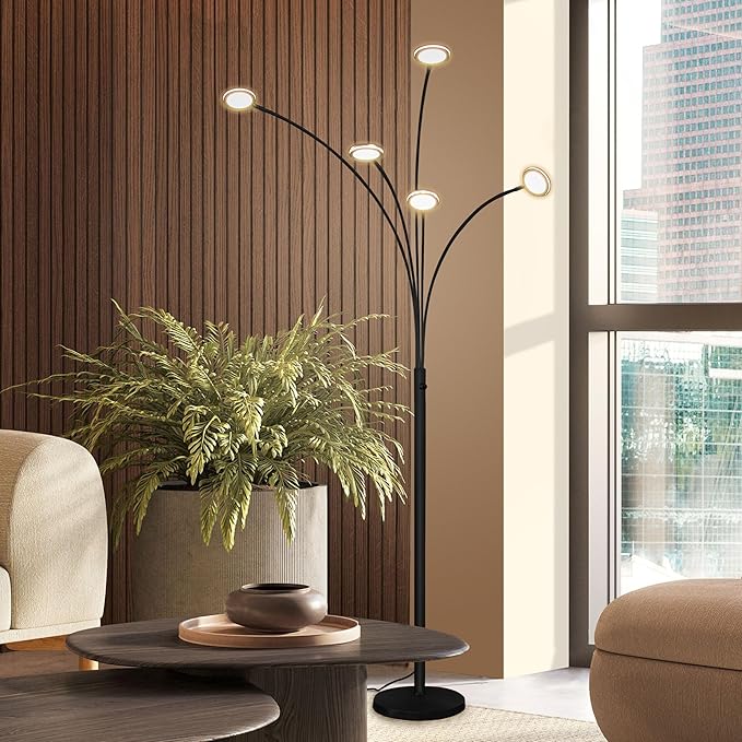 Brightech Orion Arc Floor Lamp for Living Room, Dimmable Tree Floor Lamp with 5 Adjustable Arms, Multi-Head Standing Lamp with Flexible Rotating LEDs for Bedroom - Bright Hanging Lighting - Black