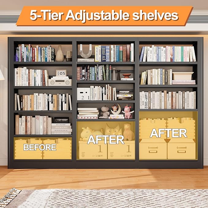 Bookshelf,5-Tier Industrial Book Shelf, White Bookcases and Bookshelves,Tall Book Shelf Storage Organizer,Freestanding for Living Room, Bedroom,Home Office,Metal (Black, Bookshelf-3)