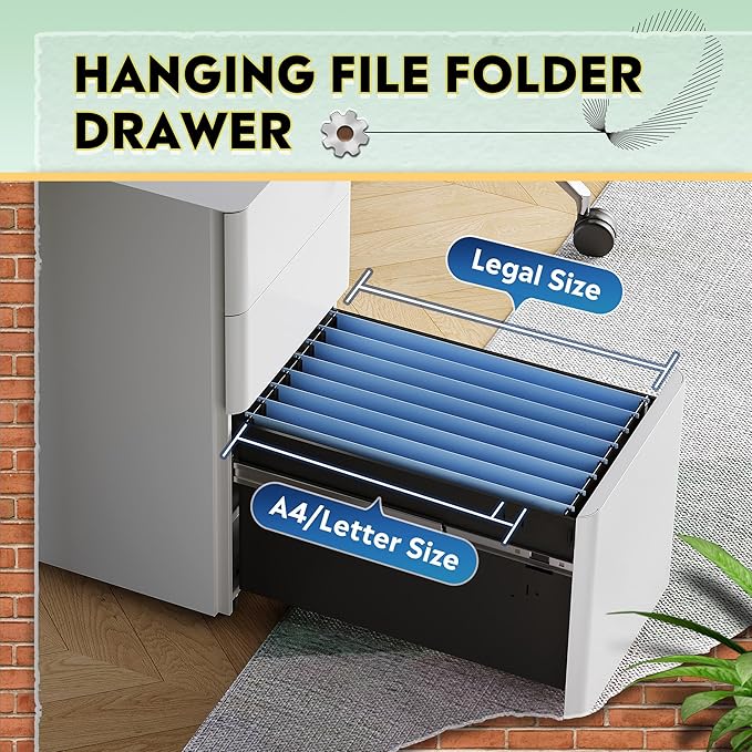 DEVAISE 3 Drawer File Cabinet, Slim Metal Filing Cabinet with Lock, Under Desk Storage Cabinet for Letters/Legal/A4, Fully Assembled Except Casters - White