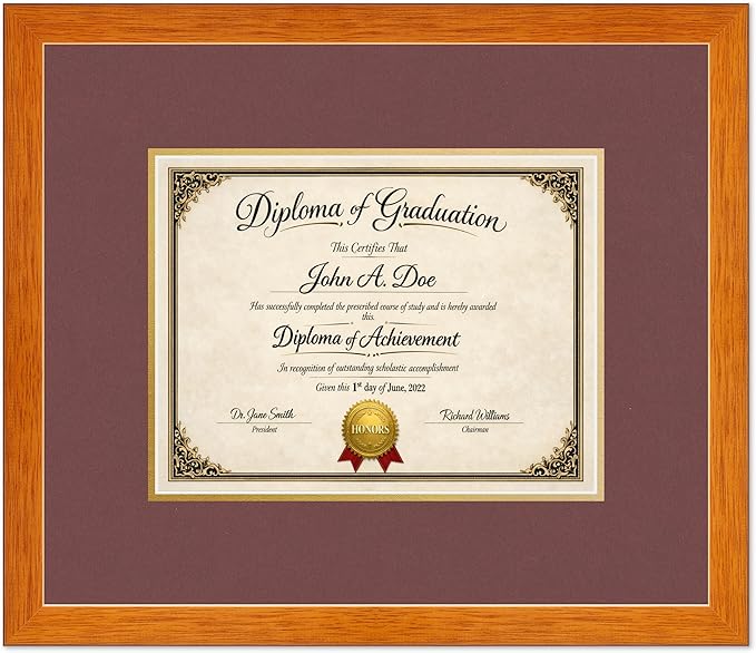 Diploma Frame Honey Oak with Dark Red Over Gold Double Mat - Fits 11 x 8.5 US Letter Certificate Wall Display Made in the USA