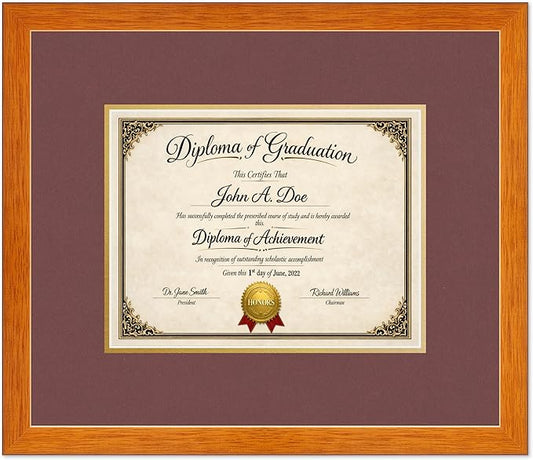 Diploma Frame Honey Oak with Dark Red Over Gold Double Mat - Fits 11 x 8.5 US Letter Certificate Wall Display Made in the USA