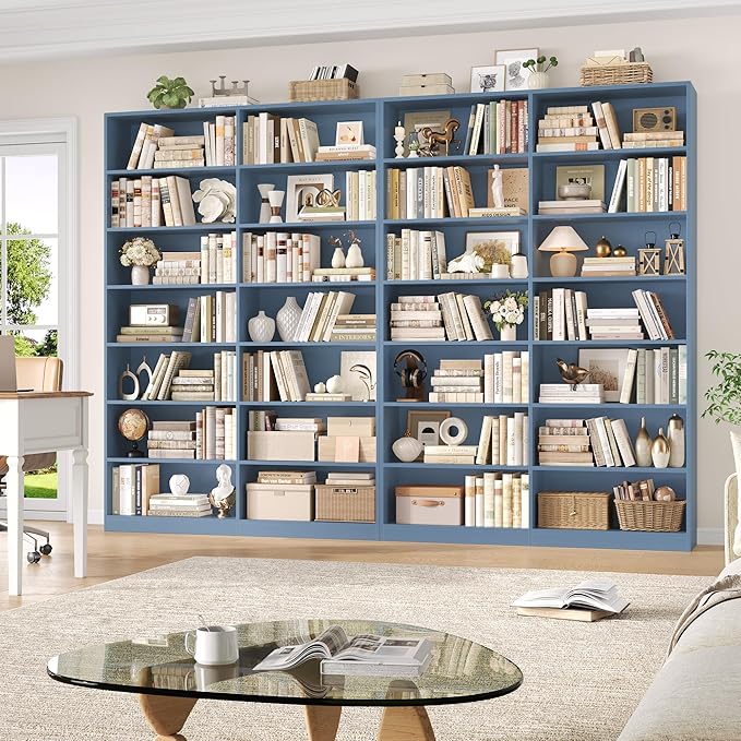 FACBOTALL 83.6" Tall Bookshelf and Bookcase, 7-Tier Extra Large Bookshelf with Double Storage, 14 Open Display Shelves for Home Office, Study and Living Room, Blue