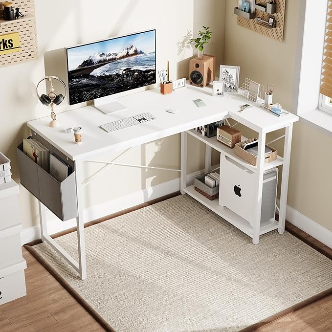 Grandder L Shaped Computer Desk with Reversible Shelves, 40 Inch Small Corner Desk with Storage Bag, Gaming Desk Computer Table Study Writing Desk for Home Office Small Space, White