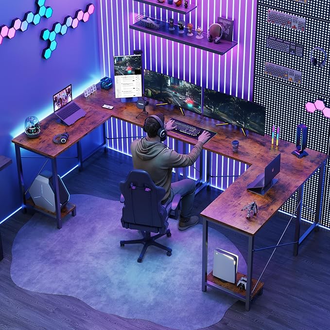 DUMOS L Shaped Desk, Computer Gaming Desks Corner Office Table with CPU Shelf for Home Study Writing Work Station 50 Inch, Rustic Brwon