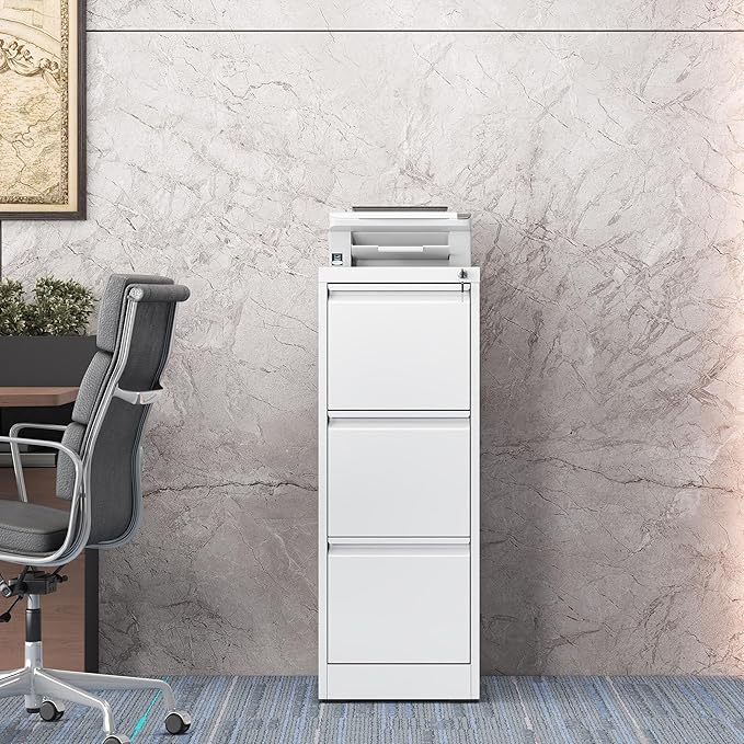 3 Drawer Vertical File Cabinet with Lock, Metal Filing Cabinets for Home Office, Heavy Duty File Storage Cabinet for Legal/Letter/A4 Documents, Easy to Assemble, White