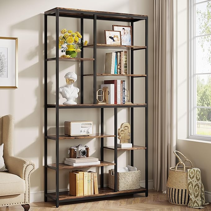 Tribesigns 79-Inch Tall Staggered Bookshelf, Industrial Bookcase with 8 Open Shelves, Wood and Metal Etagere Display Shelf for Living Room, Home and Office
