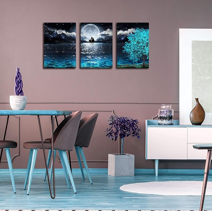 Moon Wall-Art - Teal Ocean Modern Decor Wall Decor For Living Room - Wall Art For Bedroom On Canvas Framed Size 12x16 Inches x3 Pieces