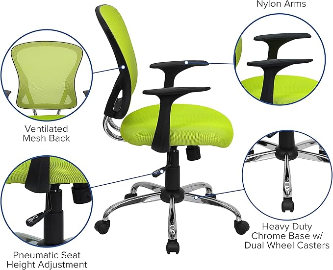 Flash Furniture Alfred Mid-Back Green Mesh Swivel Task Office Chair with Chrome Base and Arms