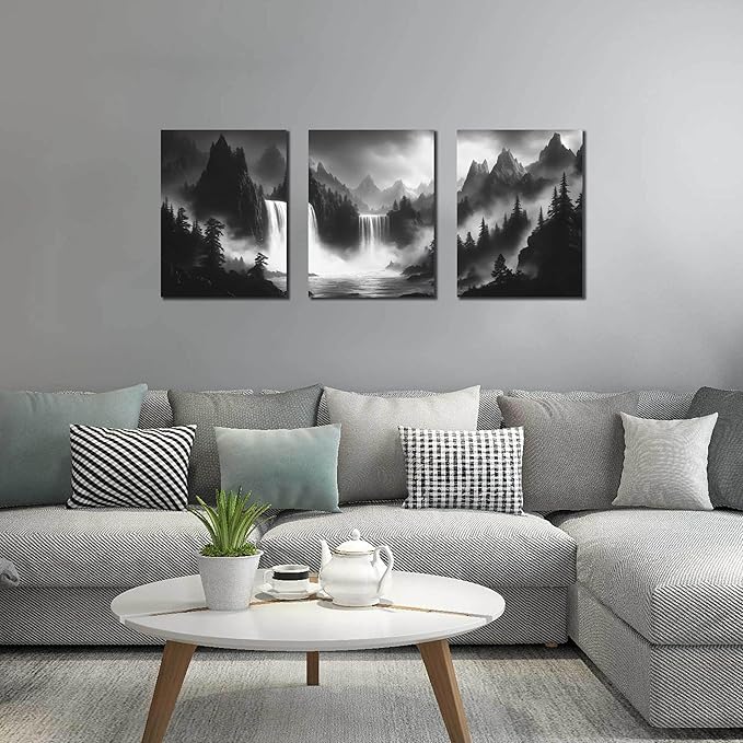 Foggy Forest Wall Art for Living Room - Mountains Canvas Wall Art for Office - Black and White 3 Piece Wall Decor Size 12" x 16"
