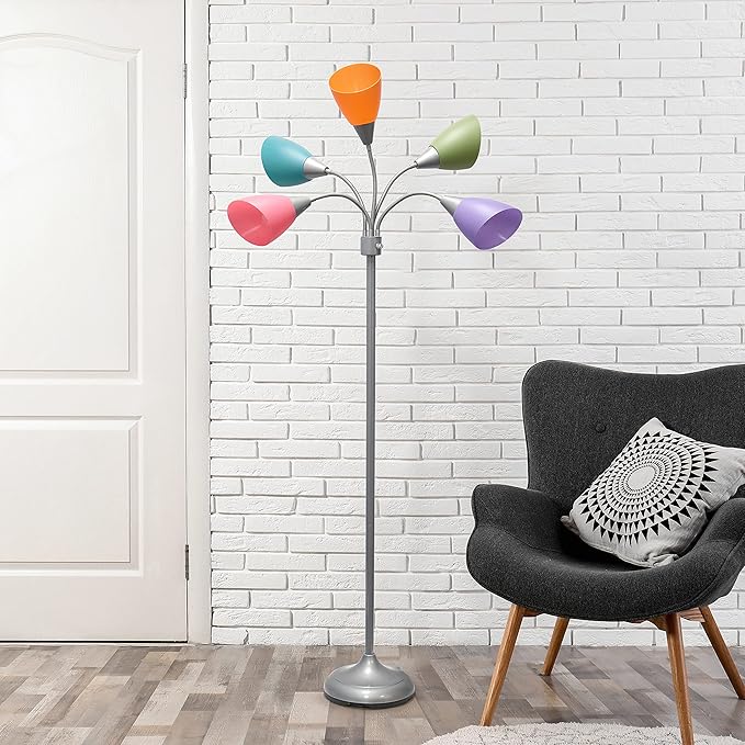 Simple Designs LF2006-SLM 67" Contemporary Multi Head Medusa 5 Light Adjustable Gooseneck Silver Floor Lamp with Fun Light Multicolored Shades for Kids Bedroom Playroom Living Room Office