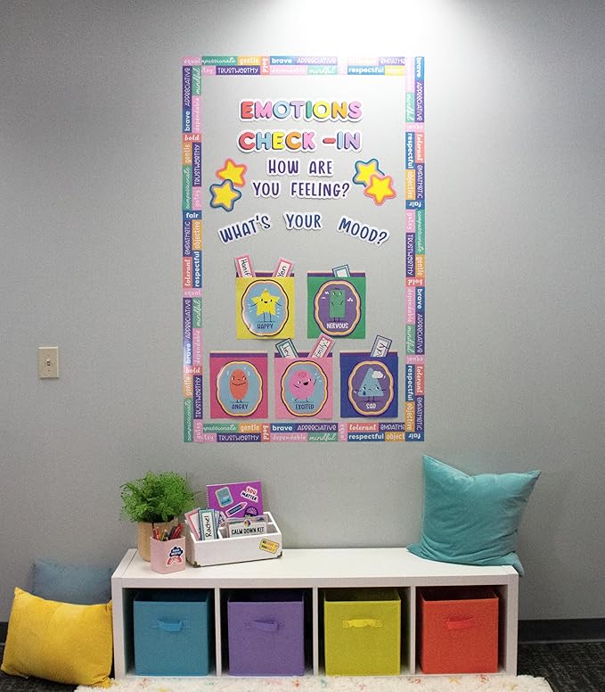 Carson Dellosa Pre-Punched We Stick Together 46-Piece Emotions Check-in Bulletin Board Set, Calming Corner Accents, Feelings Chart, Mood Board and More, Calm Down Corner, SEL Classroom Décor
