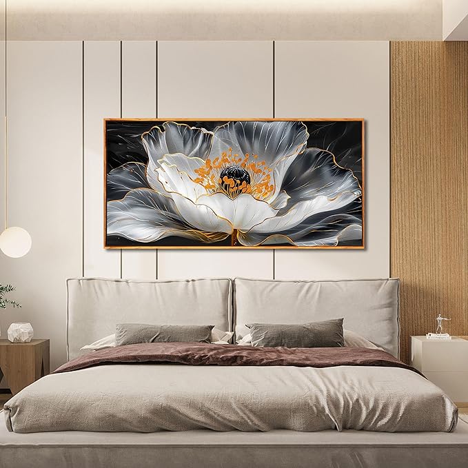 Gold Wall Art White Wall Pictures Beautiful Flower Wall Decorations for Living Room Black Artwork 24"x48" Art for Home Office