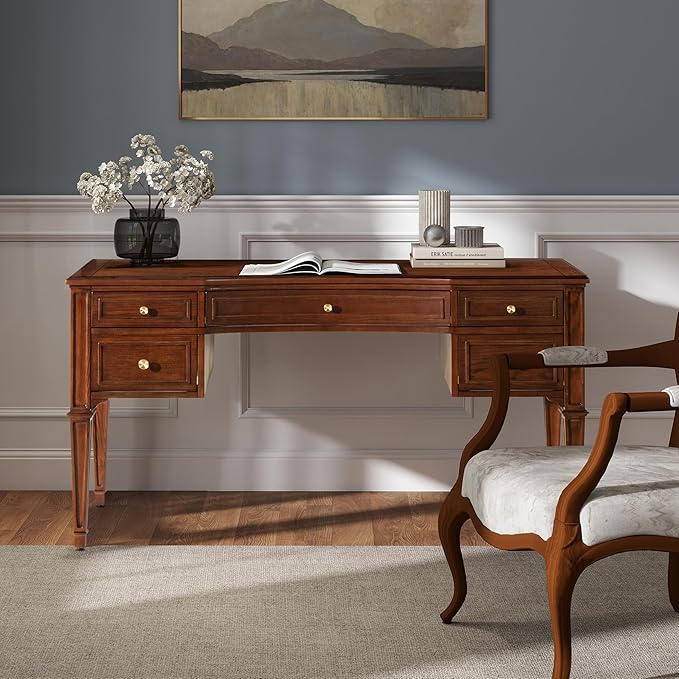 JTH Luxe Dauphin Gold Accent 5-Drawer Wood Executive Desk, Walnut Brown Wood