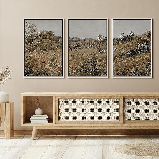 SIGNFORD Framed Wall Art Print Set Summer Wildflower Lush Floral Landscape Illustrations Modern Decorative Multicolor Relax/Calm Chic for Living Room, Bedroom, Office - 16"x24"x3 White