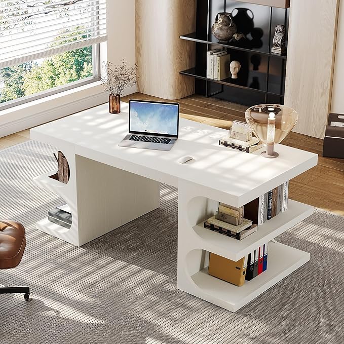 Tribesigns White Executive Office Desk, 63" Computer Desk with Storage Shelves, Modern Wood Study Writing Table, Large Workstation Business Furniture for Home Office (Table Only)