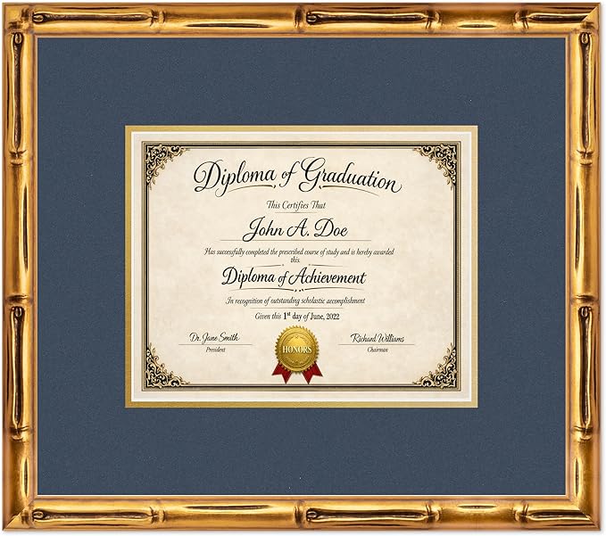 Diploma Frame Gold Bamboo with Navy Blue Over Gold Double Mat - Fits 10 x 8 Professional License Wall Display Made in the USA