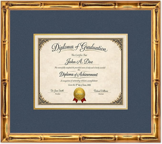 Diploma Frame Gold Bamboo with Navy Blue Over Gold Double Mat - Fits 10 x 8 Professional License Wall Display Made in the USA
