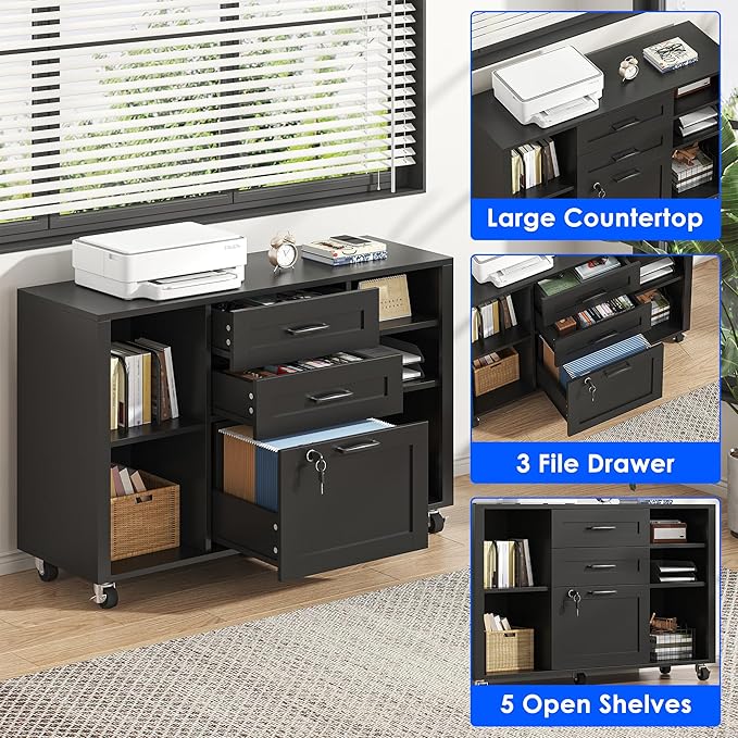 3 Drawer Wood Mobile Large lateral File Cabinet with Lock, Lockable Rolling Filing Cabinet with Open Storage Shelves, Printer Stand Office Storage for Home Office Fits Files Legal/A4, Black