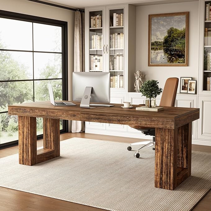 LITTLE TREE 86.6 Inches Extra Long Computer Desk, Industrial Two Person Desk, Wooden Double Desk, Simple Study Writing Table for 2 People, Large Business Workstation for Home Office, Rustic Brown