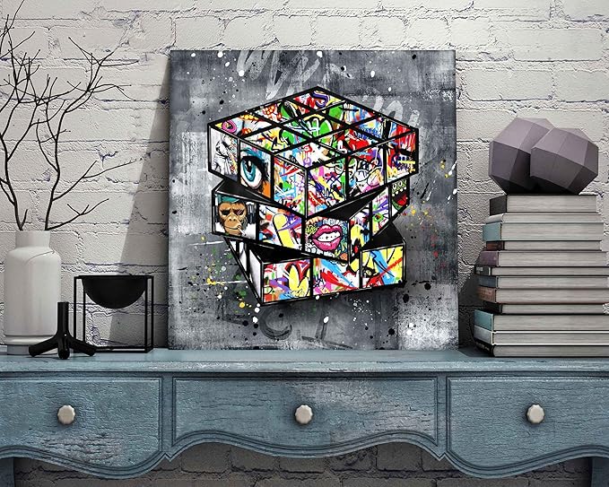 SIXTTART Banksy Canvas Wall-Art for Bedroom - Street Graffiti Wall Art Abstract Painting Pop Art Wall Decor Modern Home Office Decor 14" W x14 H Stretched and Framed Ready to Hang