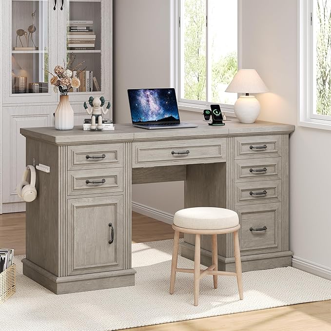 Farmhouse 57" Lift Up Executive Desk with 5 Drawers and Charging Station, Wood Home Office Computer Desk with File Cabinet Storage, Keyboard Tray,Headphone Hook for Work,Study (Grey)