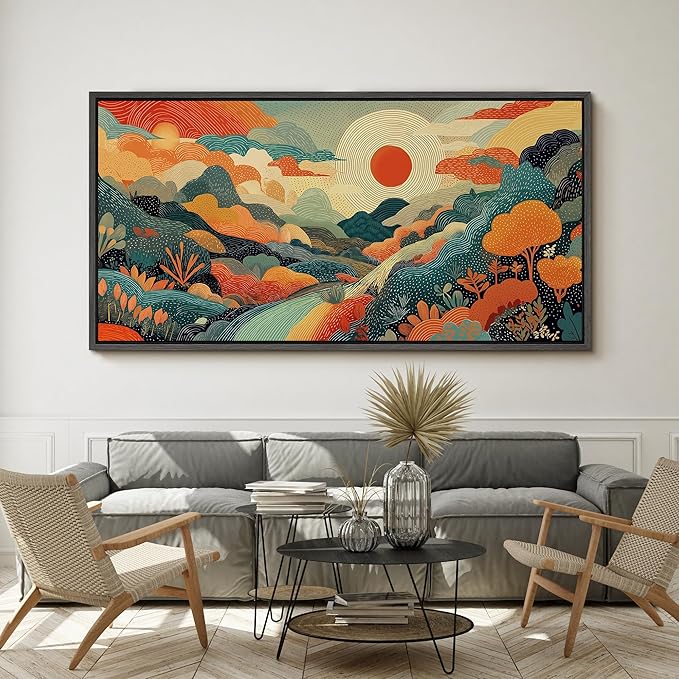 SIGNFORD Extra Large Framed Canvas Whimsical Sunlit Hills Illustrations Modern Art Calm Warm for Living Room, Bedroom, Office - 60"x30"