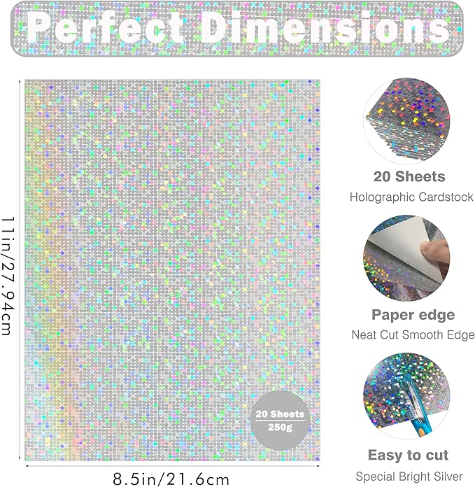 Holographic Silver Cardstock Paper 20 Sheets, 8.5x11 Inch Premium 92lb/250GSM Glitter Iridescent Mirror Paper for Invitations, DIY Crafts, Scrapbooking, Birthday Party Decorations