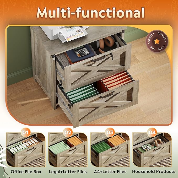 DEVAISE 2 Drawer File Cabinet, Lateral Wood Filing Storage Cabinet with Lock, Farmhouse Printer Stand for Home Office Fits Letter/Legal/A4 Size, Gray Oak