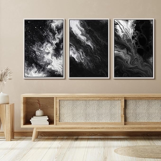 SIGNFORD Framed Wall Art Print Set Black and White Marble Abstract Modern Fluid Digital Art Modern Art Contemporary for Living Room, Bedroom, Office - 16"x24"x3 WHITE