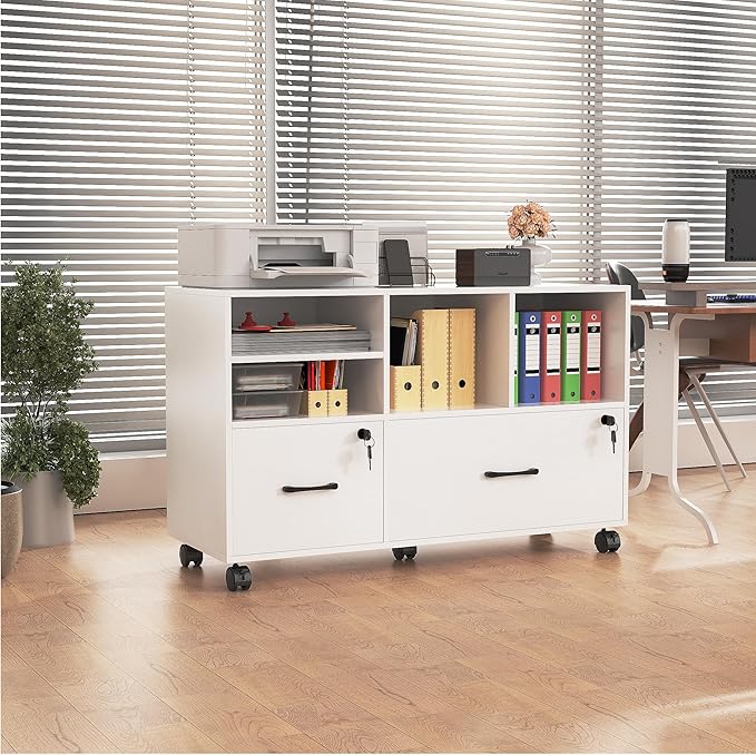Semoic 2 Drawer Mobile Lateral File Cabinet with Lock, Lockable Wood Filing Cabinet with Open Storage Shelves, Printer Stand Office Storage Cabinet for Home Office Fits Files Legal/A4 Size, White