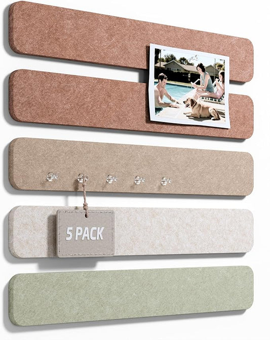 Fluxynara Cork Board Alternative Felt Strip Board 5-Pack 13"x2", Office Pin Board with 35 Push Pins, Adhesive Install for Bedroom Door & Home Office(Boho)
