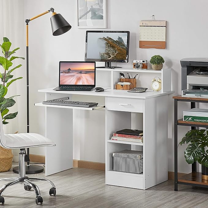 Yaheetech Desk with Keyboard Tray, Home Office Computer Desk Wooden PC Laptop Desk, Morden Sturdy Study Writing Table, White