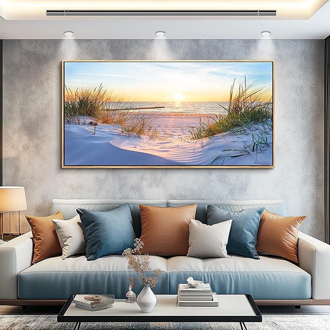 MHARTK66 Canvas Prints Wall Art Beach Sunrise Ocean Waves Beach Grass Nature Pictures Coastal Wall Decor Stretched Canvas Wooden Framed for living Room Bedroom and Office Home Decoration 24"x48"