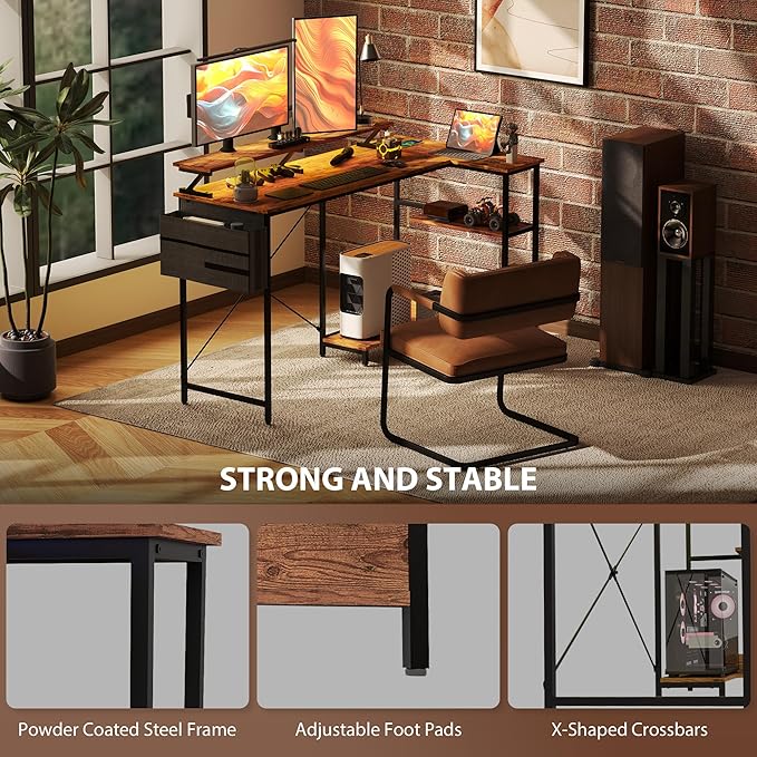 HOMCOM 58" L Shaped Gaming Desk with Power Outlets and LED Lights, Reversible Computer Desk with Monitor Stand, Fabric Storage Bag, Cable Management, for Home Office, Rustic Brown