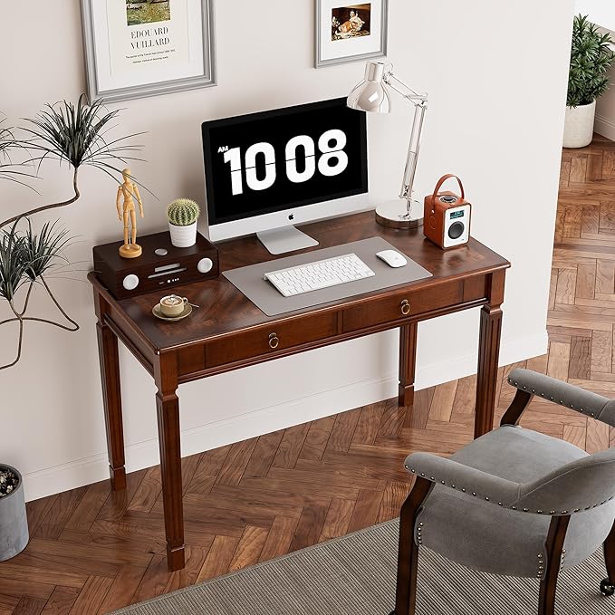 LEEMTORIG Vintage Solid Wood Writing Desk with 2 Drawers, 46.1" W Large Secretary Desk, Cherry Wood Writing Table for Home Office, Traditional French Provincial Mahogany Desk, Cherry Walnut BSZ-D1258