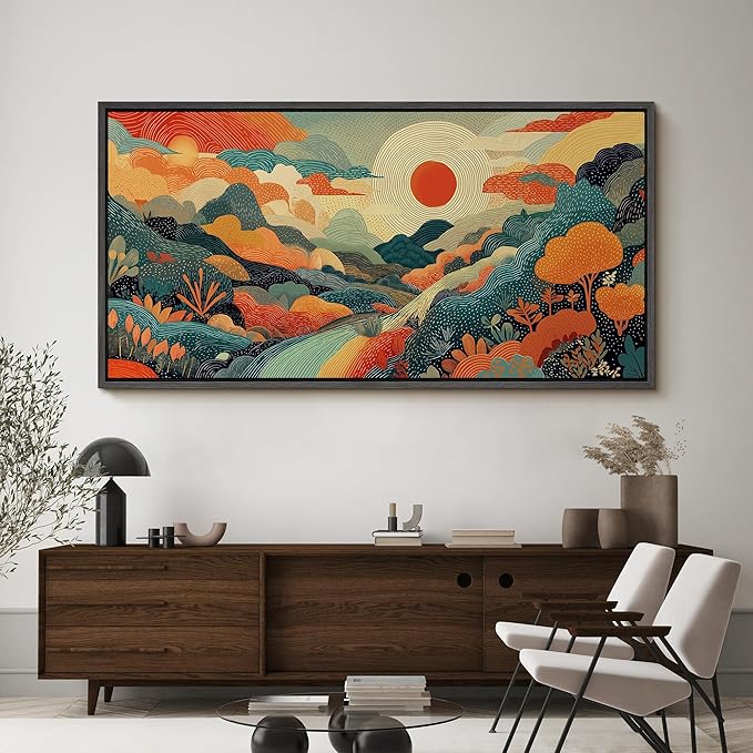 SIGNFORD Extra Large Framed Canvas Whimsical Sunlit Hills Illustrations Modern Art Calm Warm for Living Room, Bedroom, Office - 60"x30"