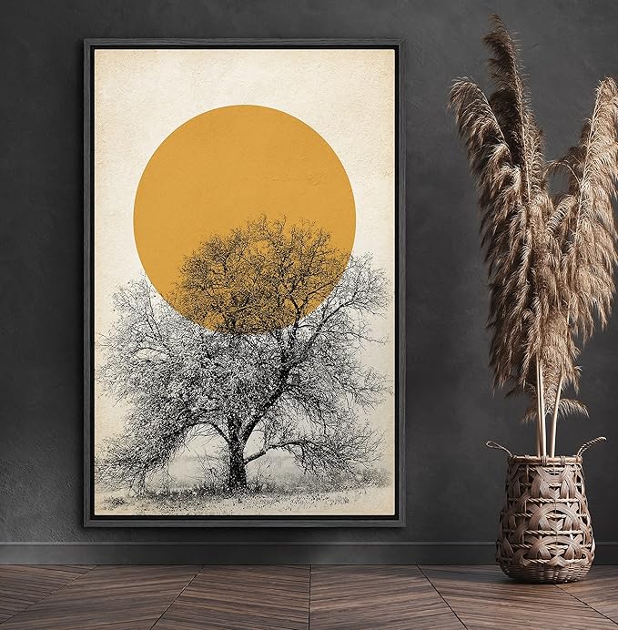 SIGNFORD Framed Canvas Print Wall Art Tree with Branches Under Shining Sun Abstract Wilderness Digital Art Modern Art Rustic Scenic for Living Room, Bedroom, Office - 24"x36" Black