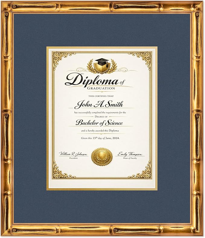 CountryArtHouse Diploma Frame Fits 8.5 x 11 Certificate (Portrait) - Keepsake Graduation Display Gold Bamboo Genuine Hardwood with Navy Blue Over Metallic Gold Double mat