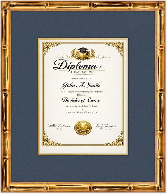 CountryArtHouse Diploma Frame Fits 8.5 x 11 Certificate (Portrait) - Keepsake Graduation Display Gold Bamboo Genuine Hardwood with Navy Blue Over Metallic Gold Double mat