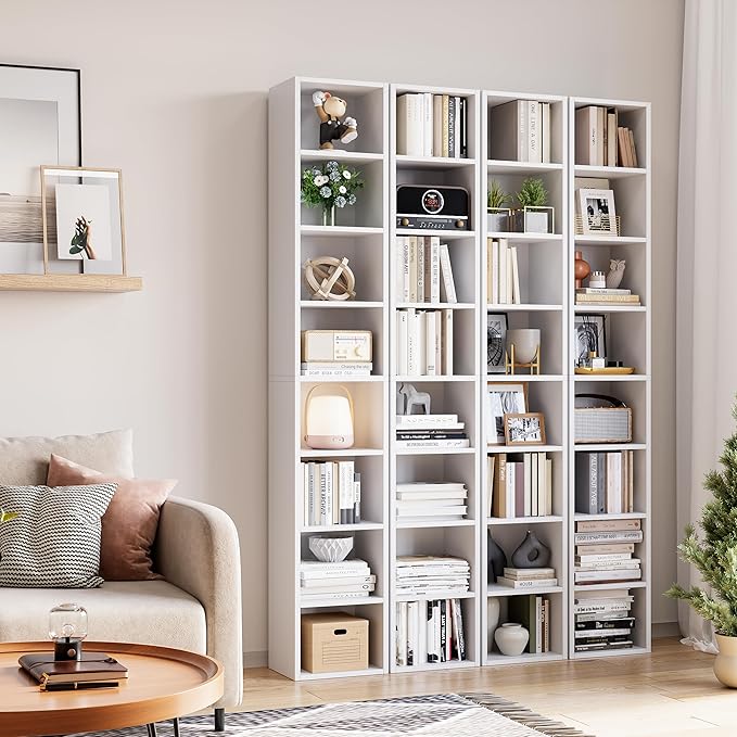 Bamjoy 71 Inches Tall Narrow Bookshelf, 8-Tier CD DVD Slim Media Tower Rack, Corner Bookcase with Adjustable Shelves, Skinny Cubes Bookshelves for Home Office Small Space, White