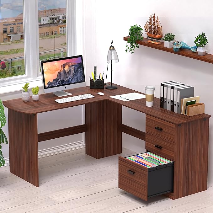 SHW 51 x 59 Inches L-Shaped Home Office Wood Corner Desk with Box Box File Drawers, Walnut