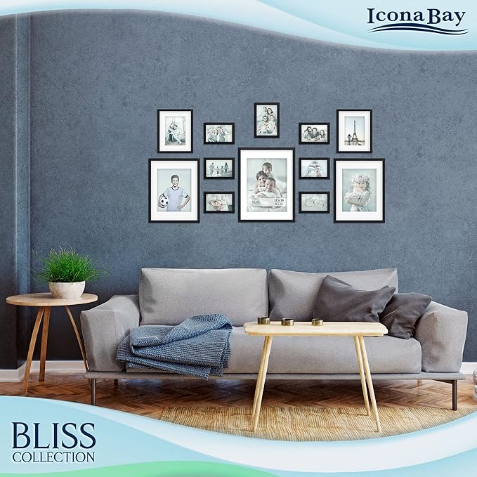 Icona Bay - 12x16 Black Picture Frame Fits 11x15 Photos with Mat to 9x12 Image - Modern Style Engineered Wood Poster Frame - Wall Mount Only - Bliss Collection
