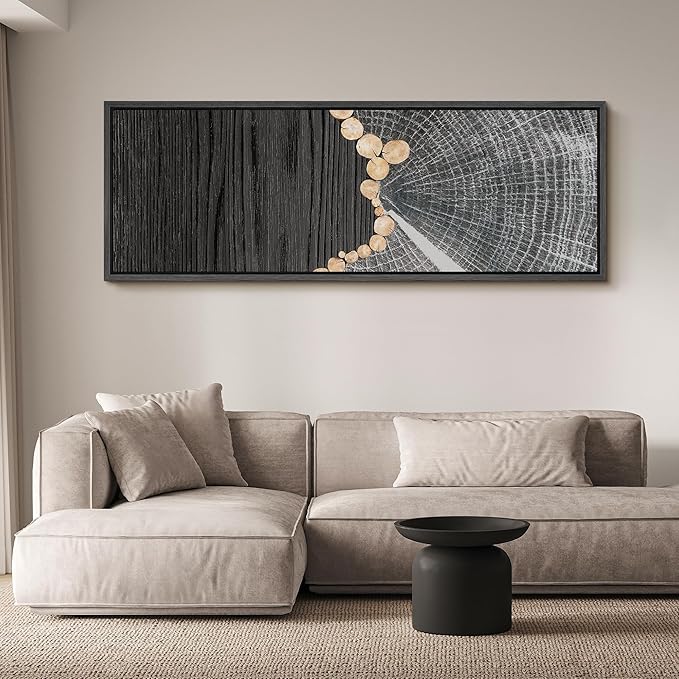 SIGNFORD Large Framed Canvas Black Wood and Tree Ring Abstract Illustrations Modern Art Warm for Living Room, Bedroom, Office - 60"x20"