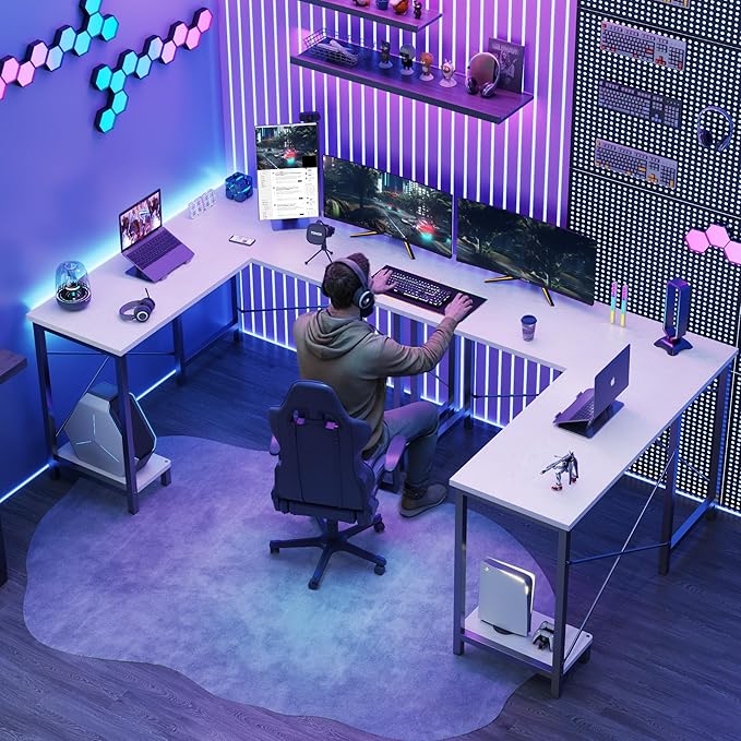 DUMOS L Shaped Desk, Computer Gaming Desks Corner Office Table with CPU Shelf for Home Study Writing Work Station 50 Inch, White