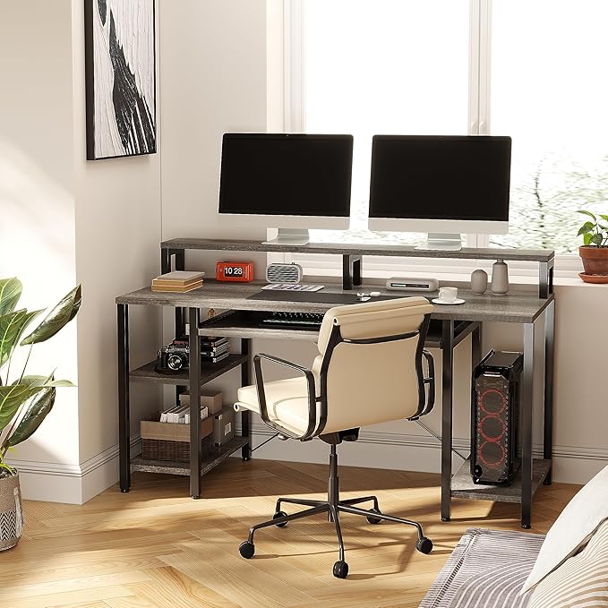 VERMESS Computer Desk- 48 Inch Home Office Desk with Keyboard Tray, 47" Gaming Desk with Full Monitor Stand & Storage Shelves & CPU Stand, Modern Study Writing Table with Shelf for Storage, Gray Oak