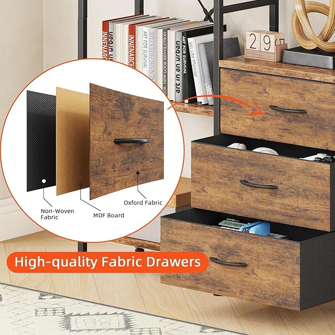 Triple Bookshelf with 3 Fabric Drawers, 4-Tier Book Shelf and 10 Display Shelves, Industrial Large Bookcase for Home & Office, Rustic Brown, 47'' Wide